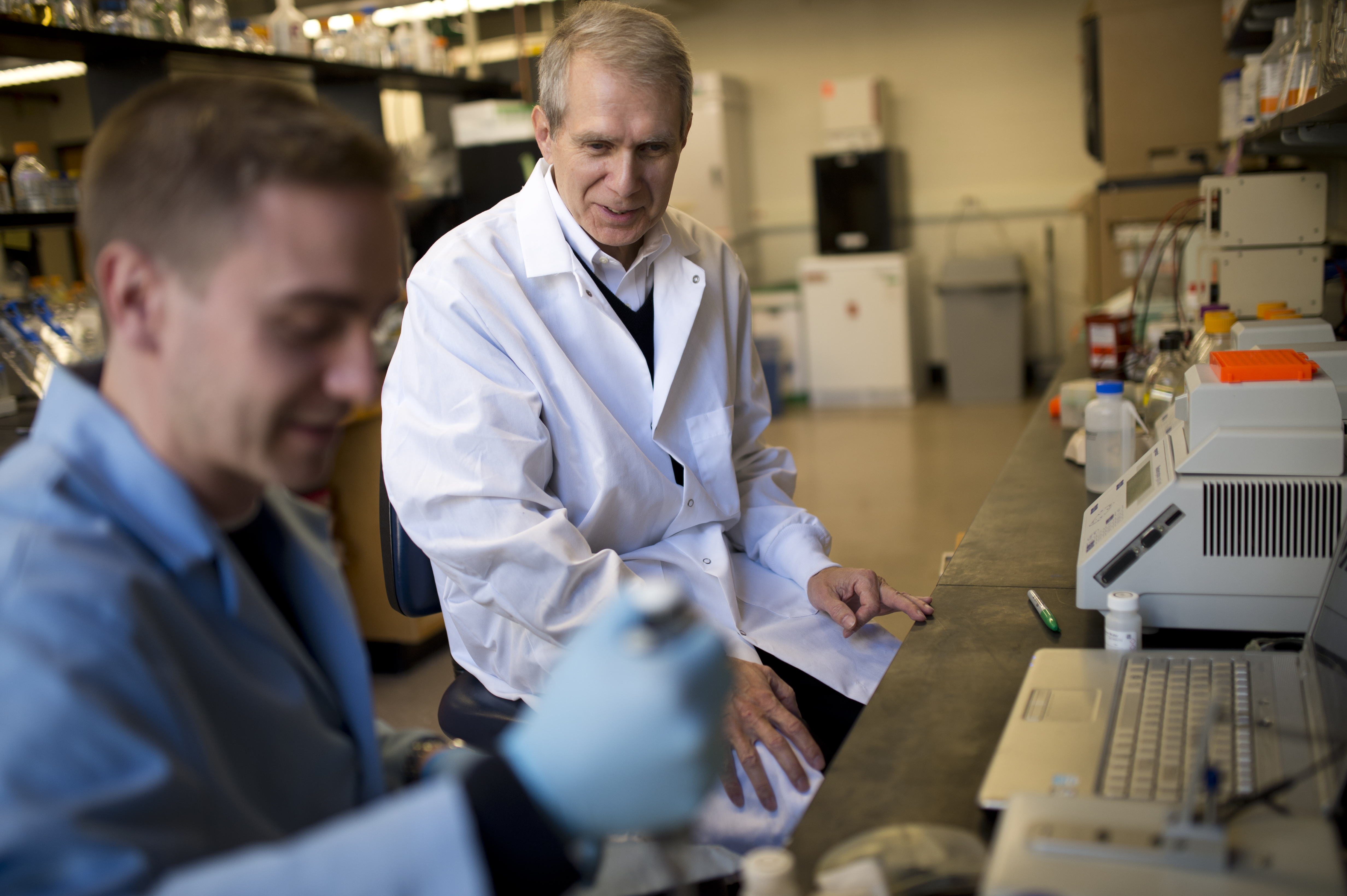 金正日刘易斯,生物学教授,博士后研究员Brian康伦在刘易斯的实验室工作。