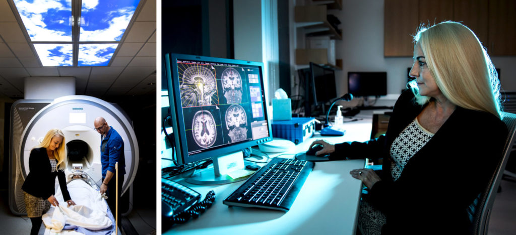 心理学教授苏珊Whitfield-Gabrieli和生物医学成像中心的主任,和弗雷德Bidmead, MRI研究技术,使用MRI扫描来研究如何通过不同的血液流同步的大脑区域在休息的时候。照片由Ruby Wallau /东北大学raybet雷竞技雷竞技app最新版