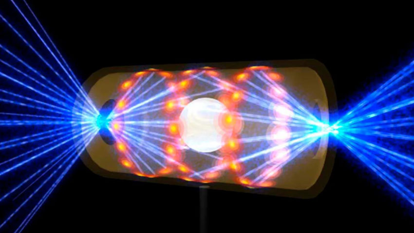 国家点火装置所提供的这幅图描述了劳伦斯利弗莫尔国家实验室与激光靶丸在黑体辐射腔胶囊进入开口两端。光束压缩和热核聚变的目标的必要条件。