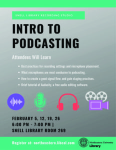 Flyer describing Intro to Podcasting workshops