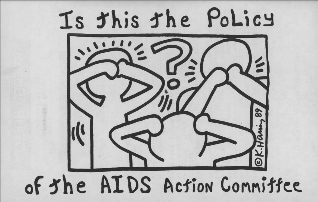 一幅画中有三个轮廓分明的人——一个捂着眼睛，一个捂着耳朵，一个捂着嘴，画着“勿视勿听勿言”的标志，中间有一个问号。边上写着:“这是艾滋病行动委员会的政策吗?”