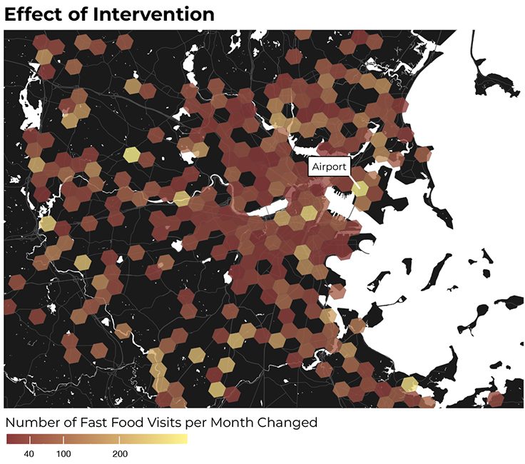 效果干预-数据可视化描述大波士顿区地图,加亮区显示速食访问数逐月下降最有效干预区分布在地图上,而不是集中在一个区机场被强调为特别有效减少区