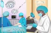 显示一名学生在医院产房工作(左侧)和在实验室做疟疾研究(右侧)。