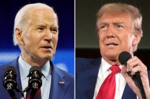 Joe Biden用麦克风说话(左转)Donald Trump用麦克风说话(右转)。